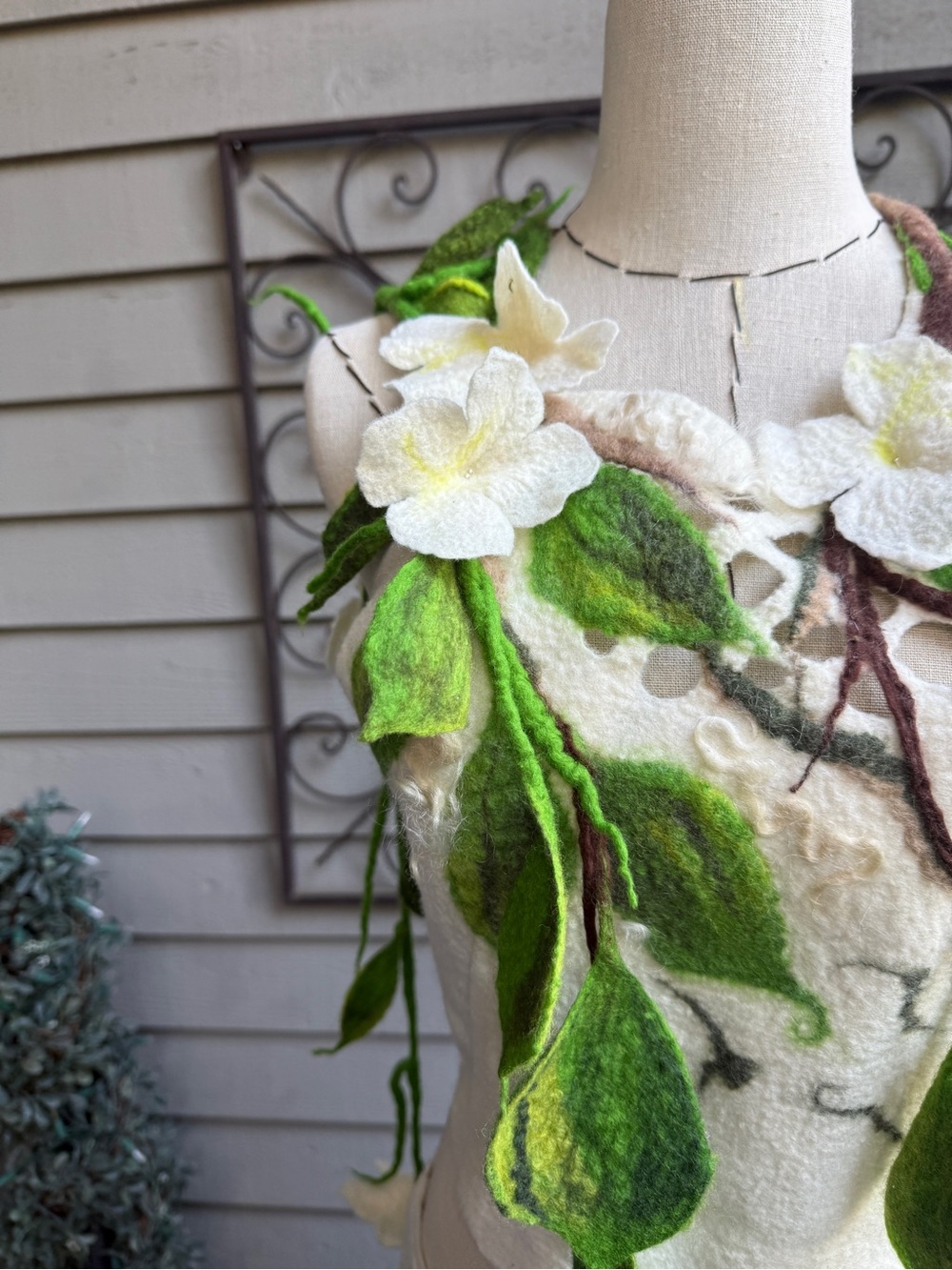 OOAK Handmade Felted Fairy Costume Leaf Draped Dress White & Green Size: Small - Picture 8 of 8